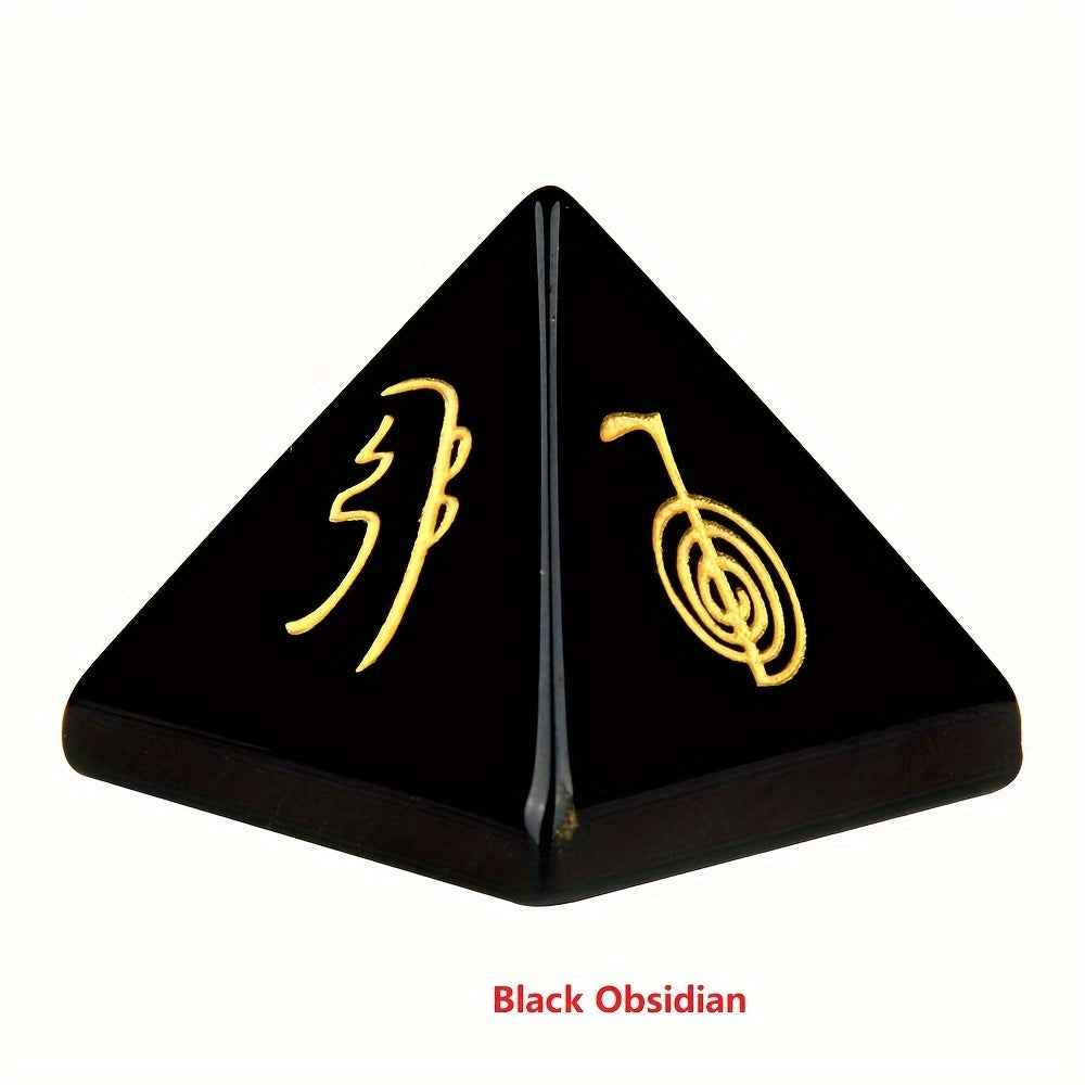 Hand-Carved Reiki Symbol Pyramid Natural Stone with Healing Crystals for Meditation and Gift