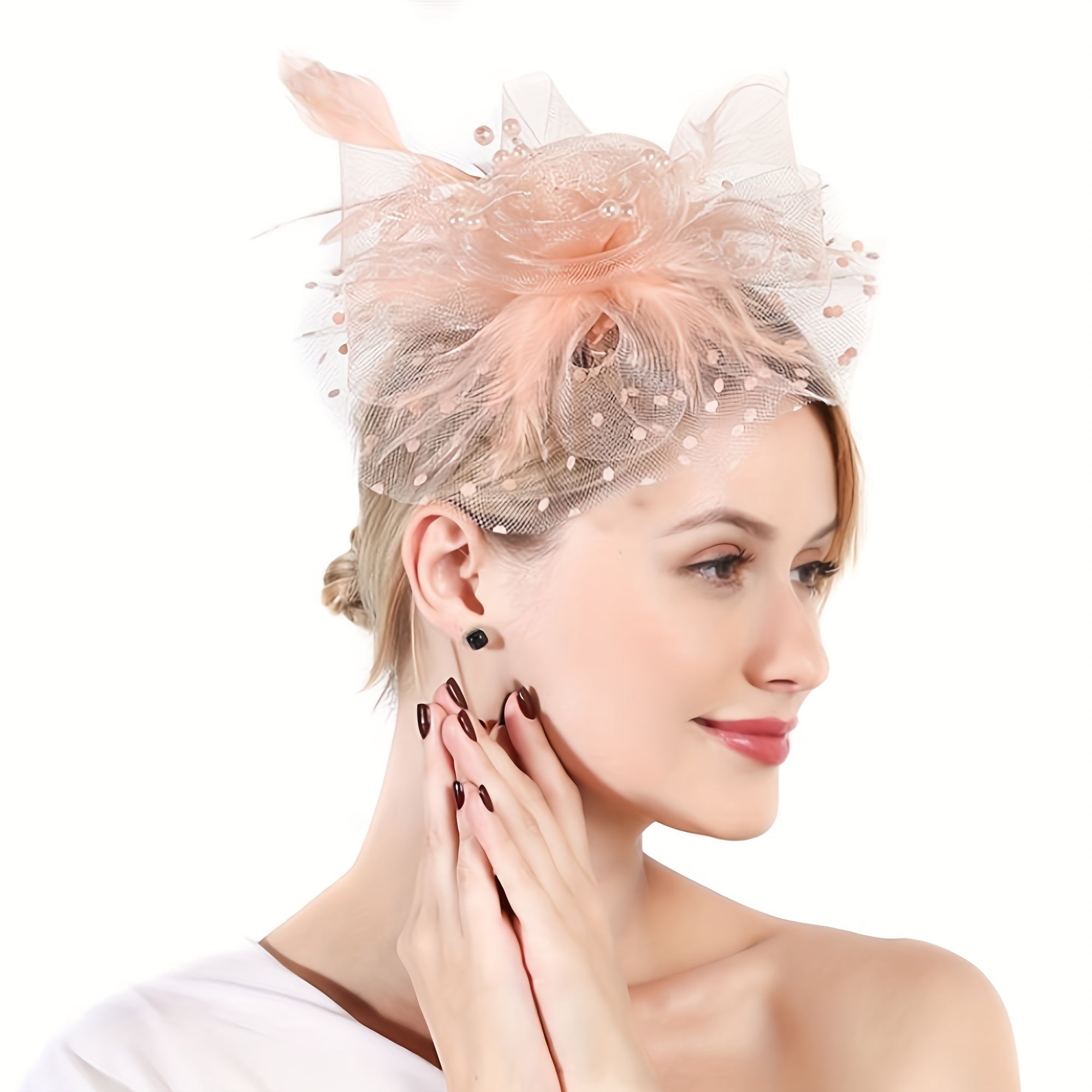 Black Yarn Pillbox Fascinator Hat with Mesh Veil and Fiber Feather for Women