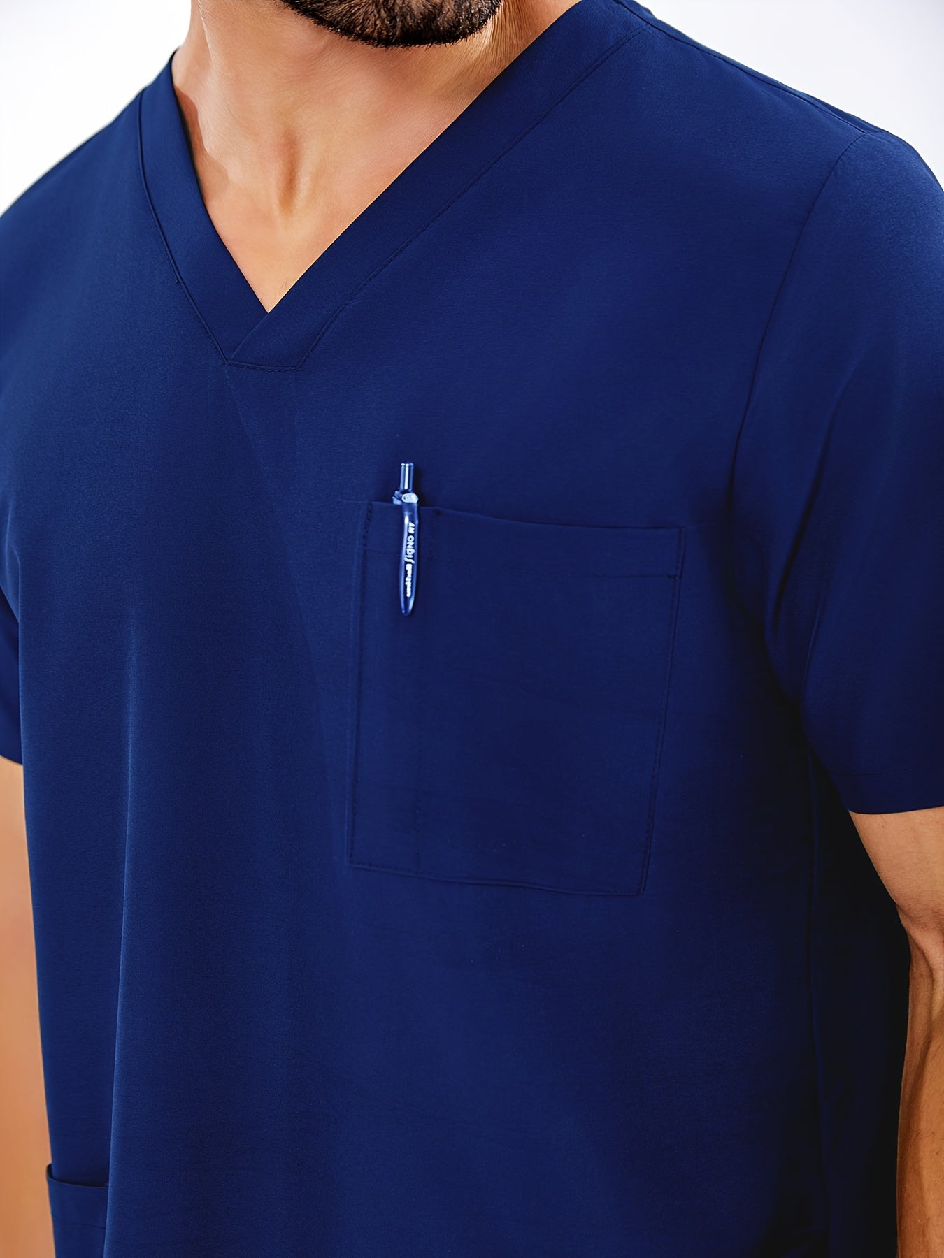 Men's Summer V-Neck Workwear Set Short Sleeve Shirt Pants Polyester Solid