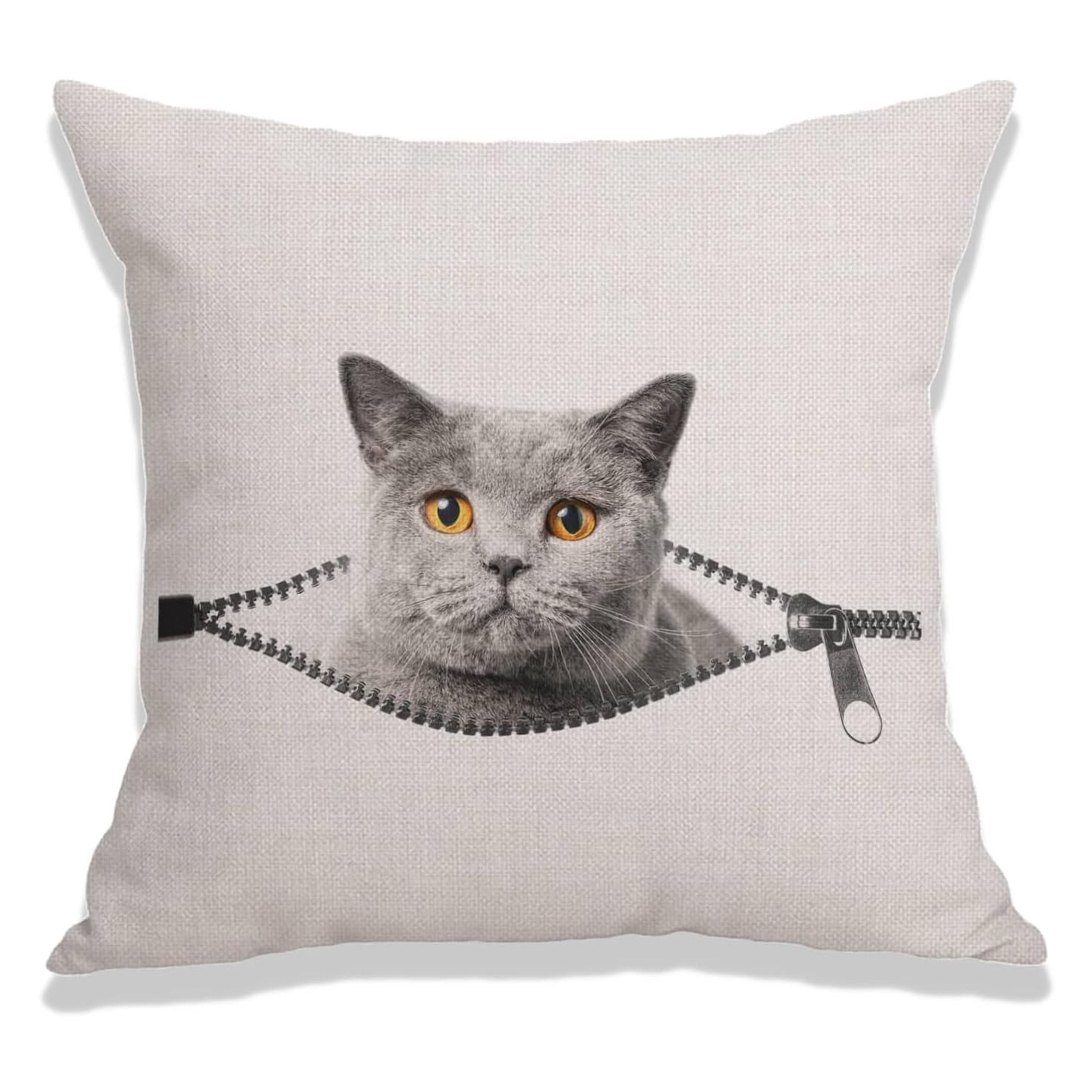 Linen Cat Pillowcase Single-Sided Print Zip Closure Machine Washable Decorative