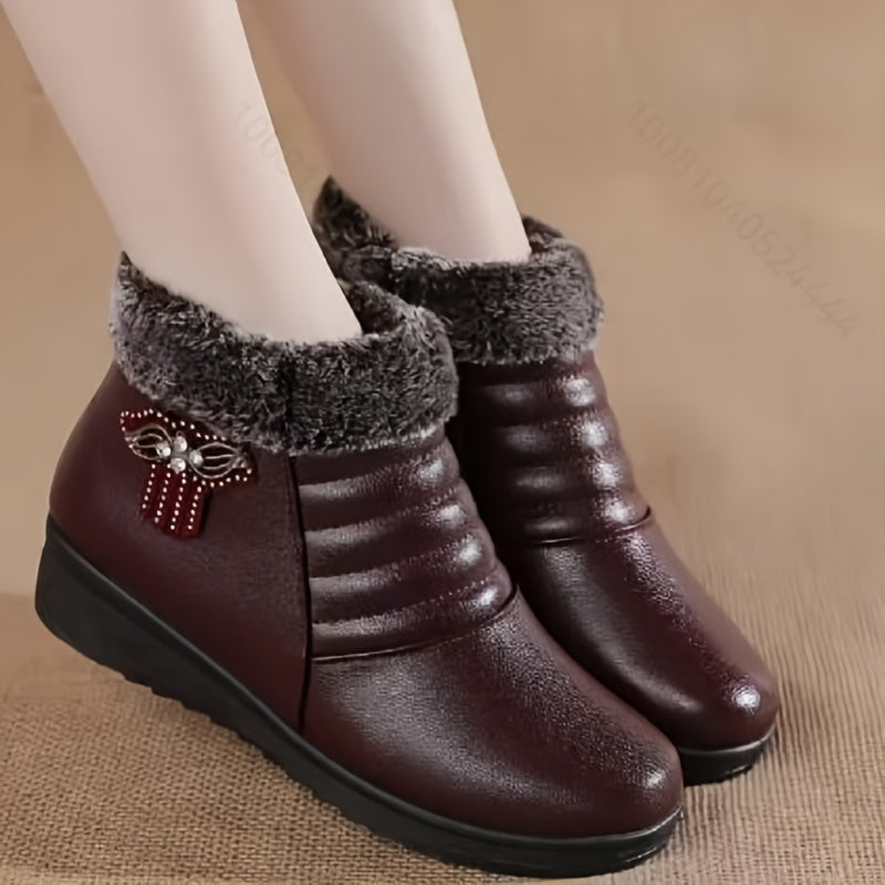Women's Faux Fur Ankle Boots with Plush Lining Non-Slip Sole Red Bow