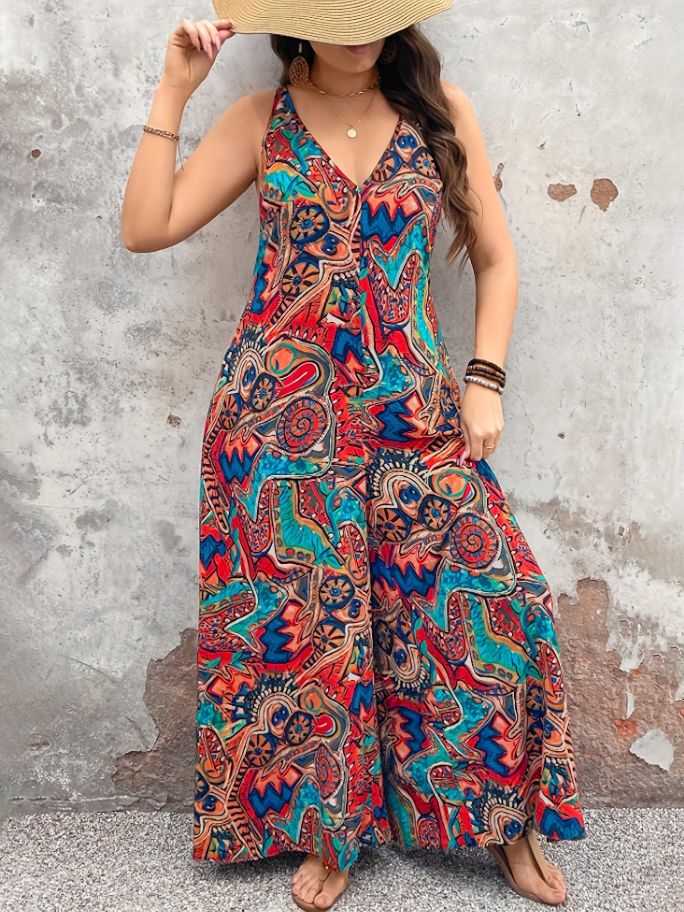 Vestido largo sin mangas de escote en V para mujer talla grande con mono de estampado paisley vibrante