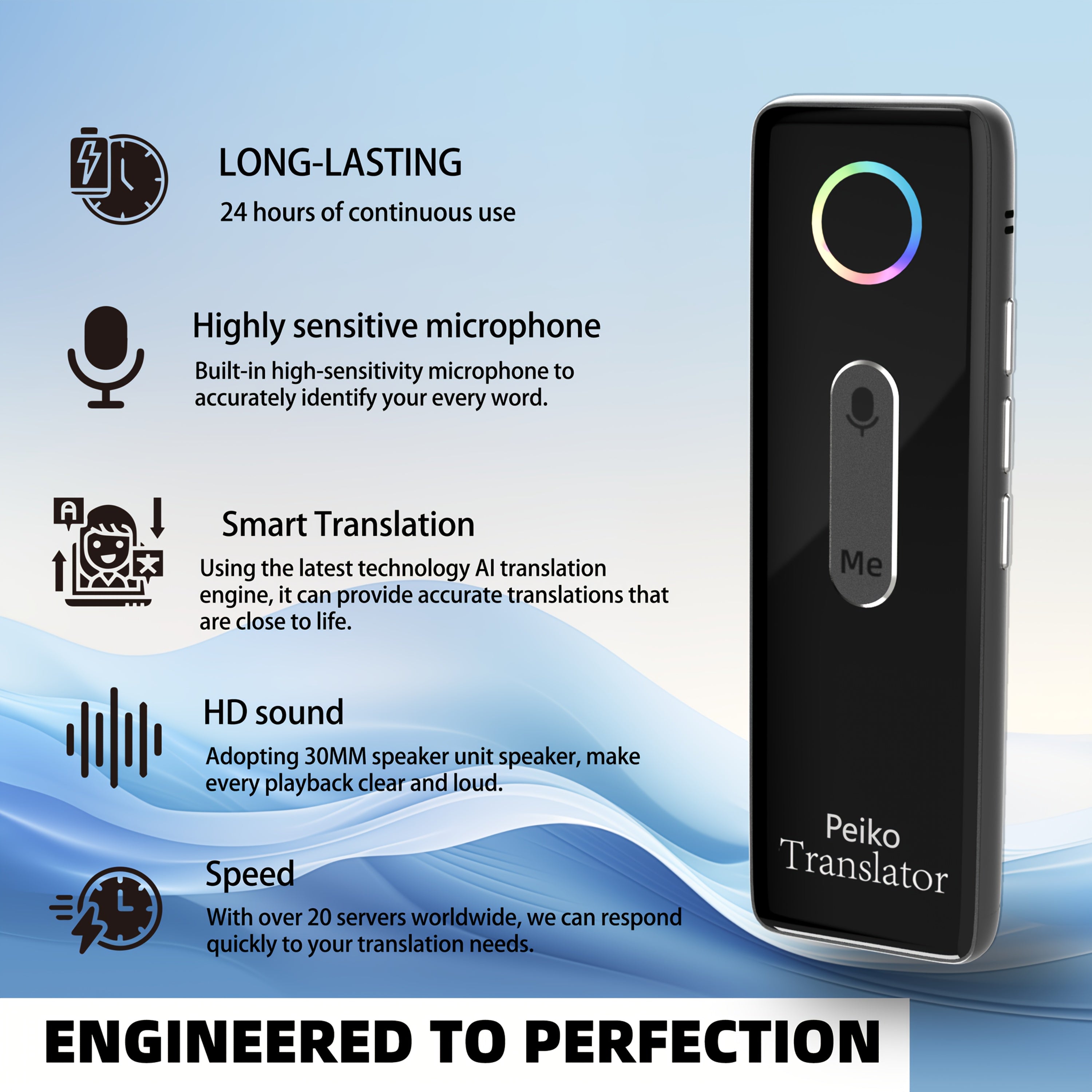 Portable Language Translator Device Supports 136 Languages Wireless Rechargeable Battery