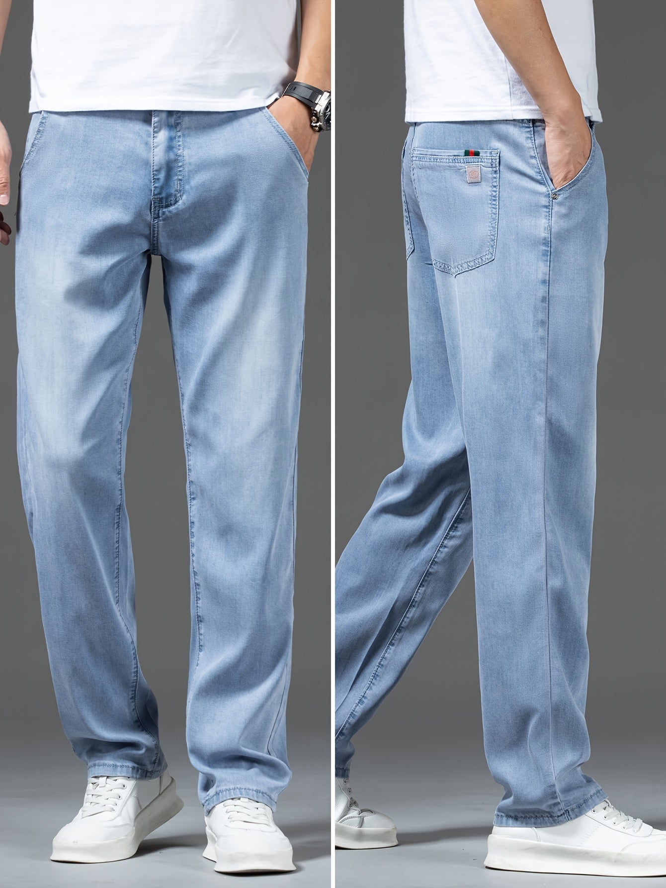 Men's Light Blue Straight Leg Denim Jeans with Lyocell Blend for Summer Casual