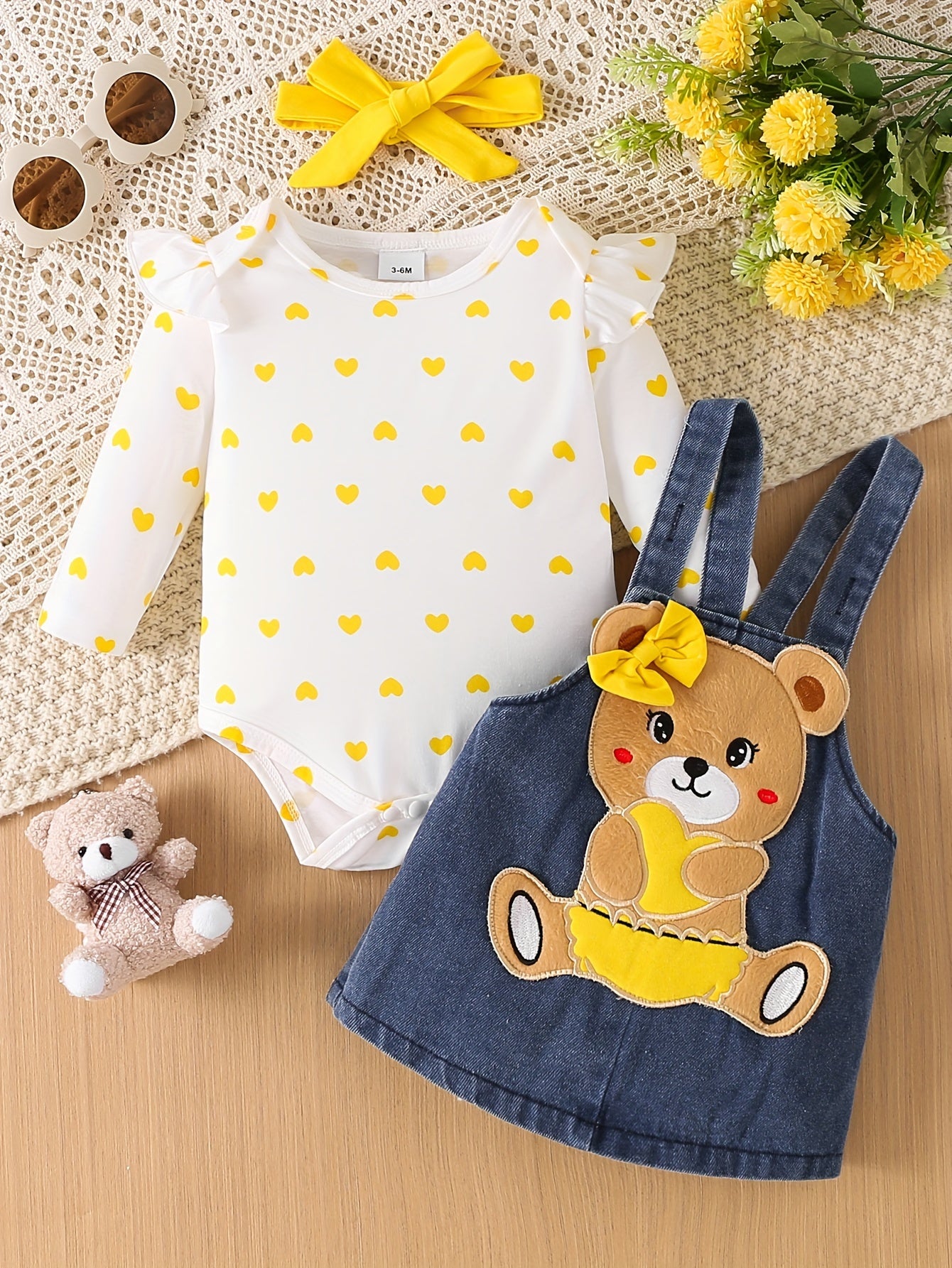 Girls' Knit Romper Set with Denim Skirt and Polka Dot Top for All Seasons