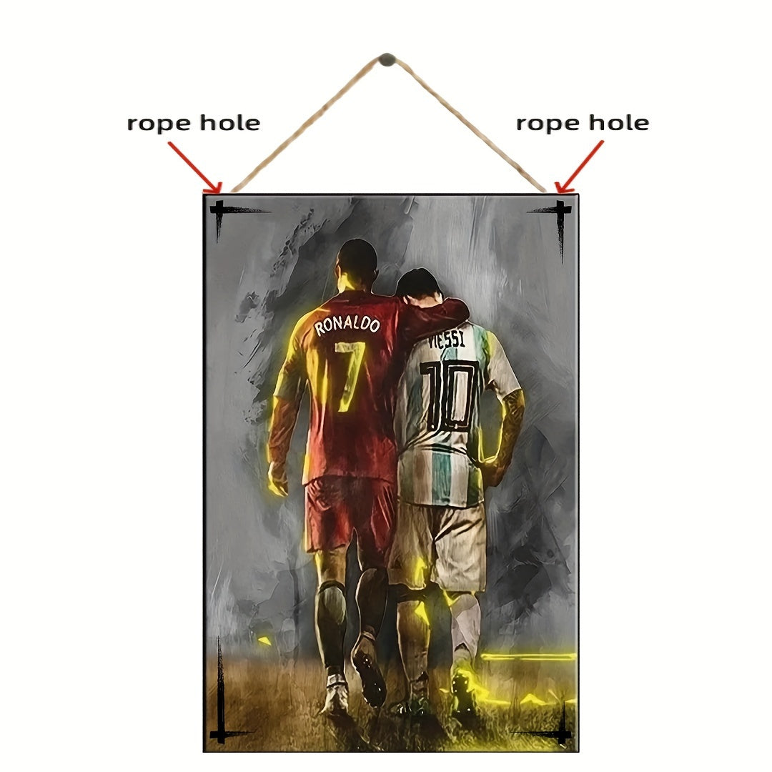 Wooden Wall Plaque Featuring Messi and Ronaldo for Living Room or Study Decor 19.99cm x 13.46cm