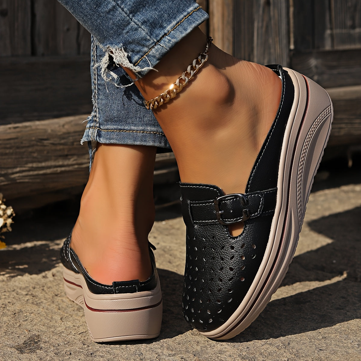 Women's Summer Mules Casual Slip-On Cover Sandals Black White