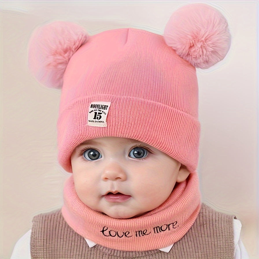 Infant Knitted Beanie and Scarf Set with Pom Pom and Alphabet Design for Fall Winter