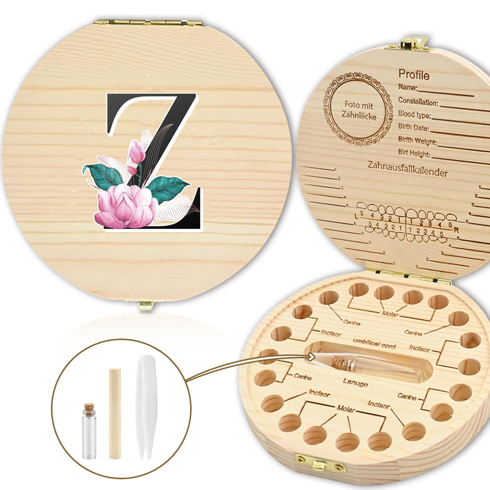 Bolalarining yoʻqolgan sut tishlari uchun yogʻochdan yasalgan saqlash qutisi, 20 tishgacha saqlash joyi bilan. Oq marmar harf naqshli dizayn. Ajoyib sovgʻa gʻoyasi.