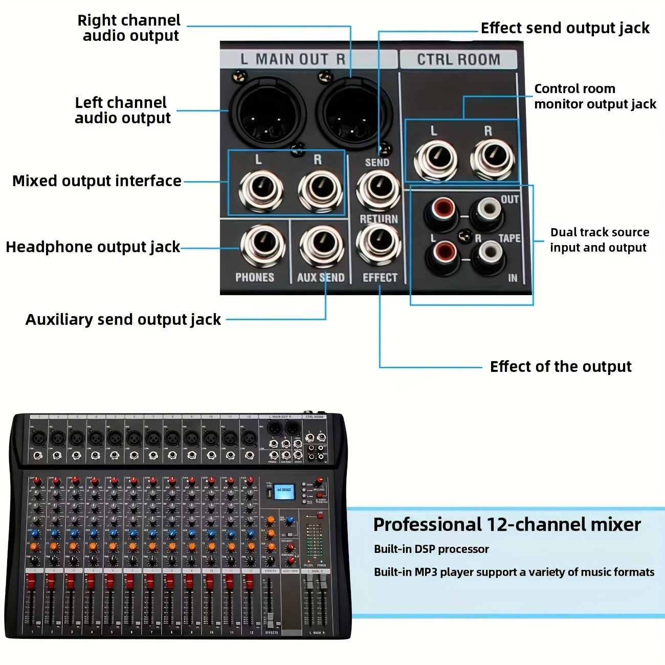 8/12 Channel Audio Mixer with USB XLR Microphone Input RCA Output for Professional and Beginner Use EU Plug