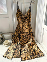 Leopard Print Cowl Neck Nightgown for Women Brown Black Polyester All-Season Sleepwear