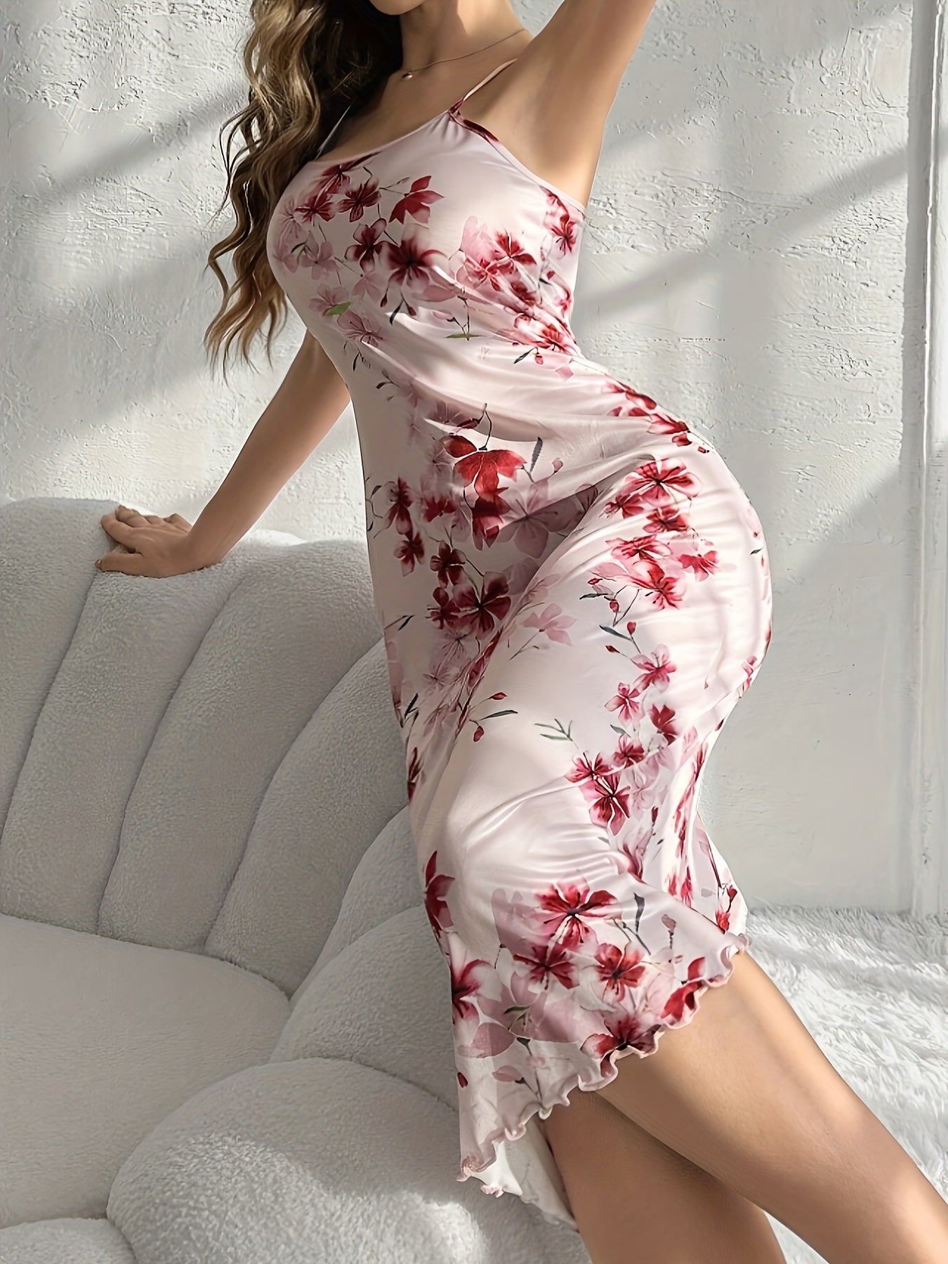Floral Print Backless Nightdress with Lettuce Trim for Women