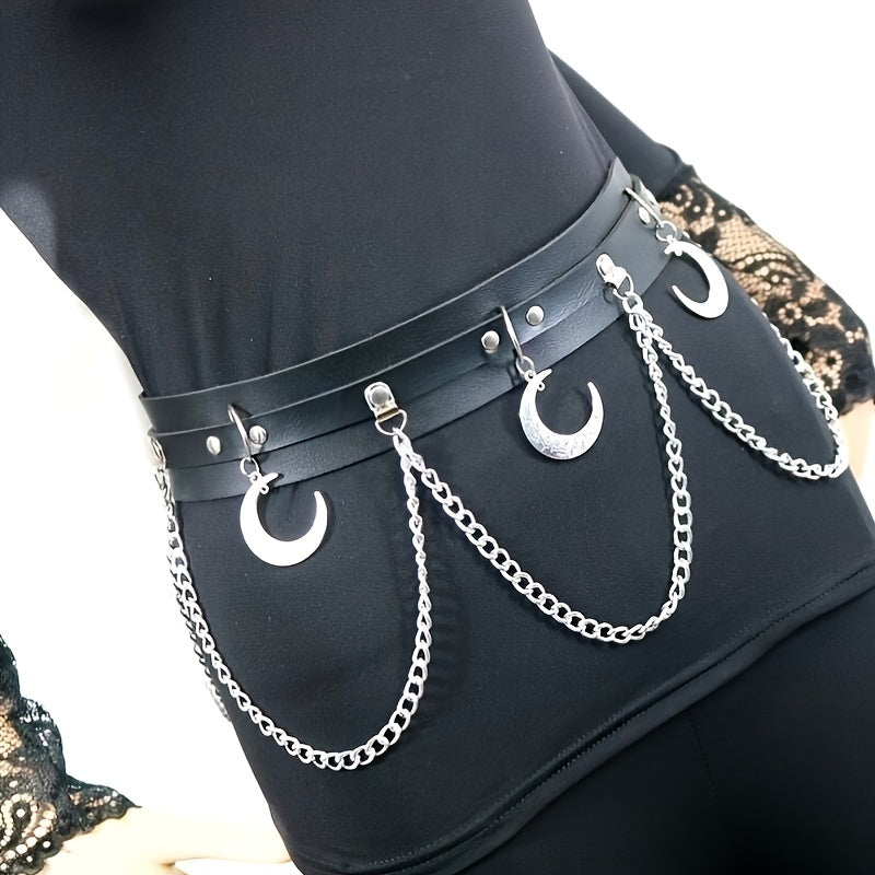 Women Moon Pendant Waist Belt Faux Leather Punk Style Chain Waistband Casual Party Jewelry