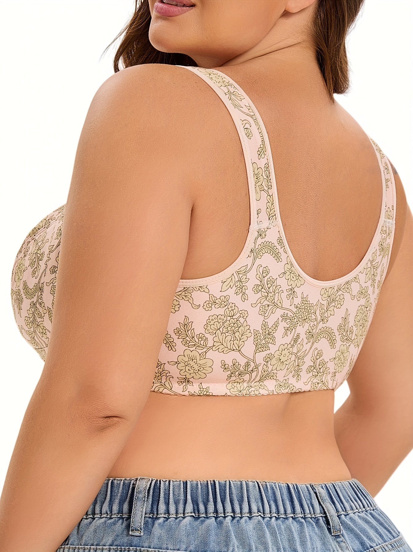Sujetador inalámbrico de talla grande con cierre frontal y estampado floral, sin acolchado, tela de punto de poliéster