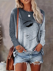 Camiseta de manga larga para mujer con estampado de rostro abstracto poliéster casual otoño primavera