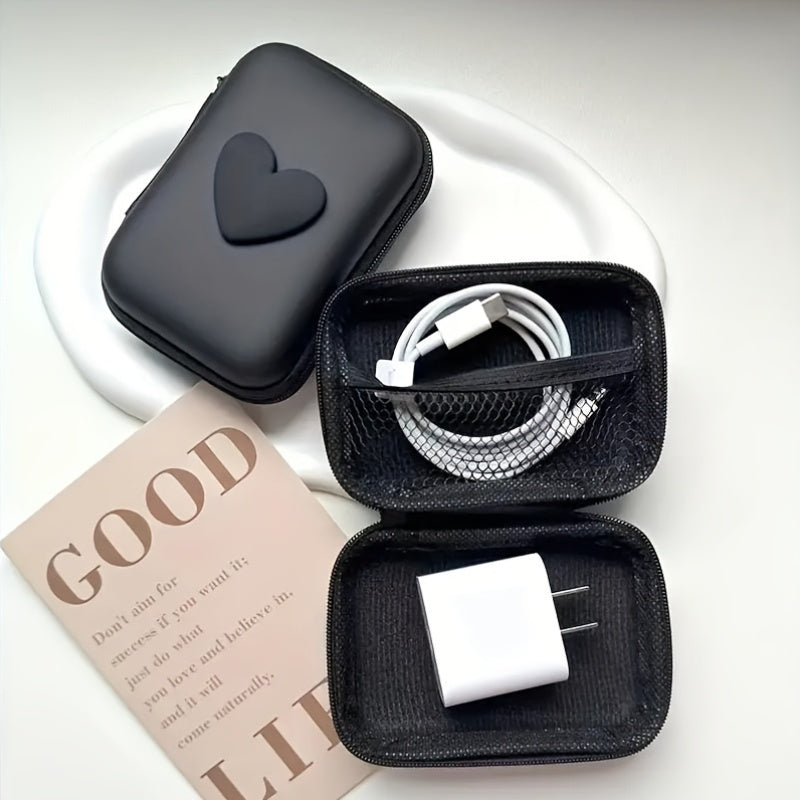 Estuche para auriculares y cargador de cuero PU en forma de corazón con cremallera y organizador de cables