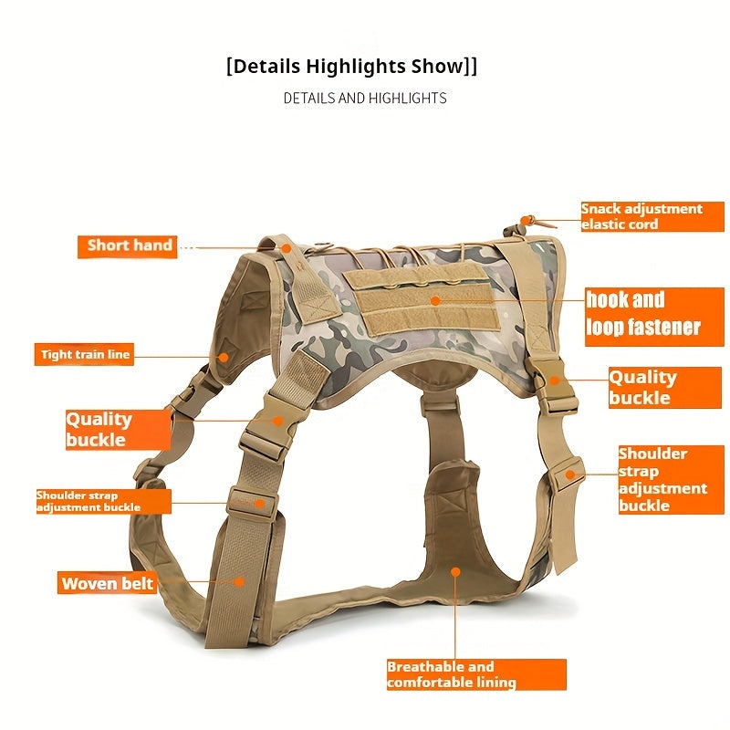 Adjustable Nylon Tactical Dog Harness with Leash for Large Dogs Olive Green Camo