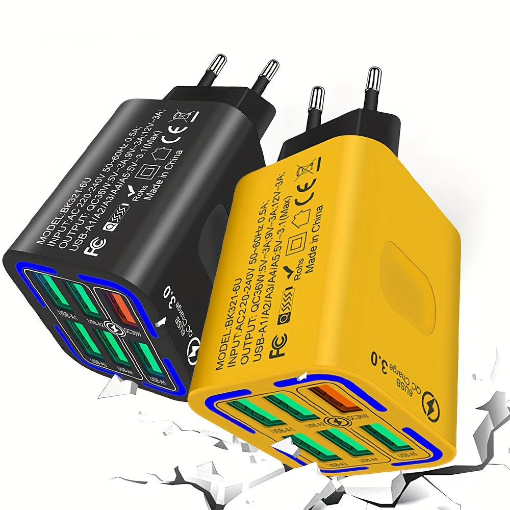 6-Port USB Wall Charger 36W QC3.0 Fast Charging European Plug for iPhone Samsung