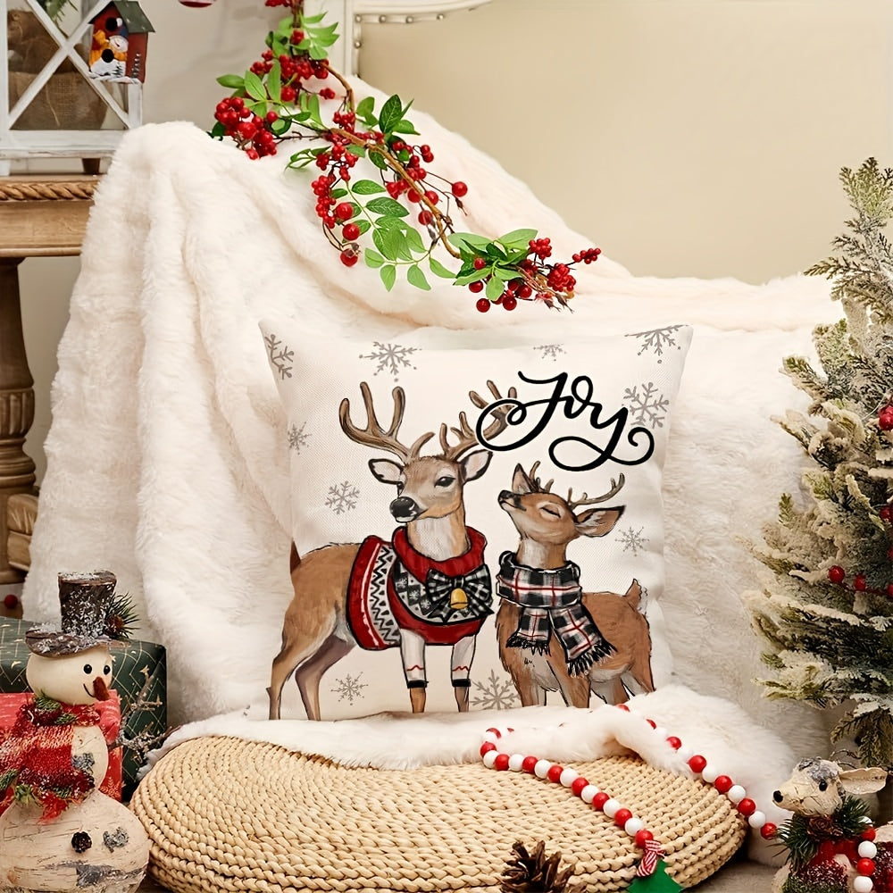 Linen Throw Pillow Cover Reindeer Snowflake Festive Woven Fabric Machine Washable