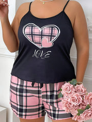Women's Plus Size Lounge Pajama Set Plaid Heart & Letter Print Cami & Shorts