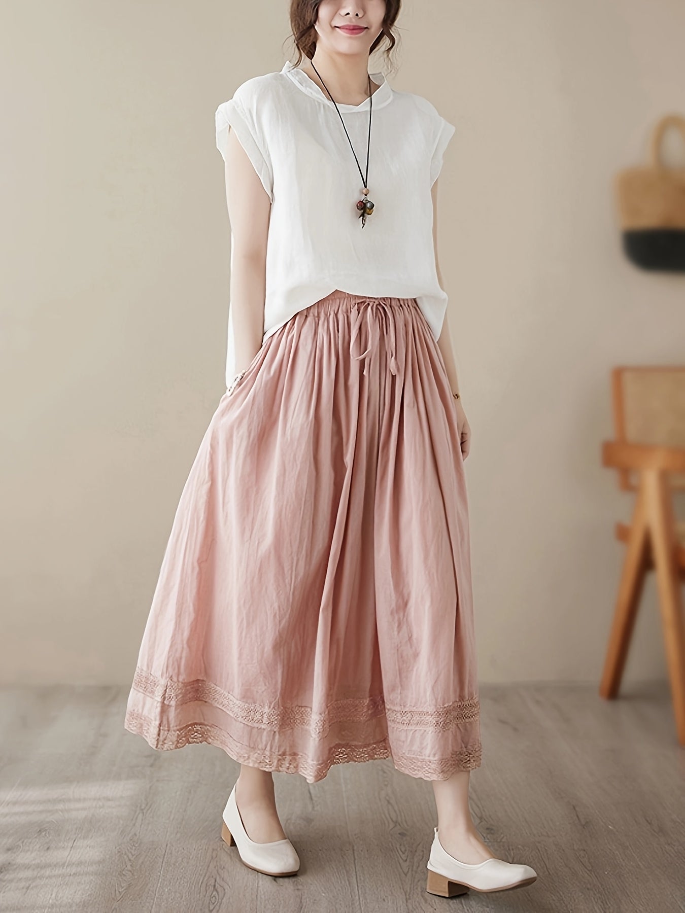 Plus Size Women's Elastic Waist Double Layer Midi Dress Spring Summer