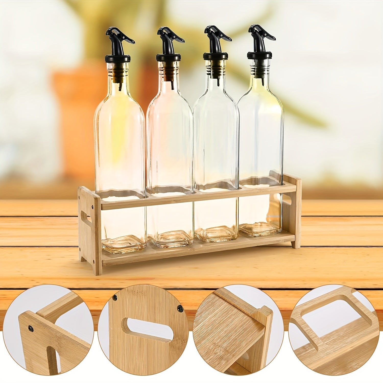 Set of 4 Oil and Vinegar Bottles with Bamboo Rack, 500ml Glass Canisters
