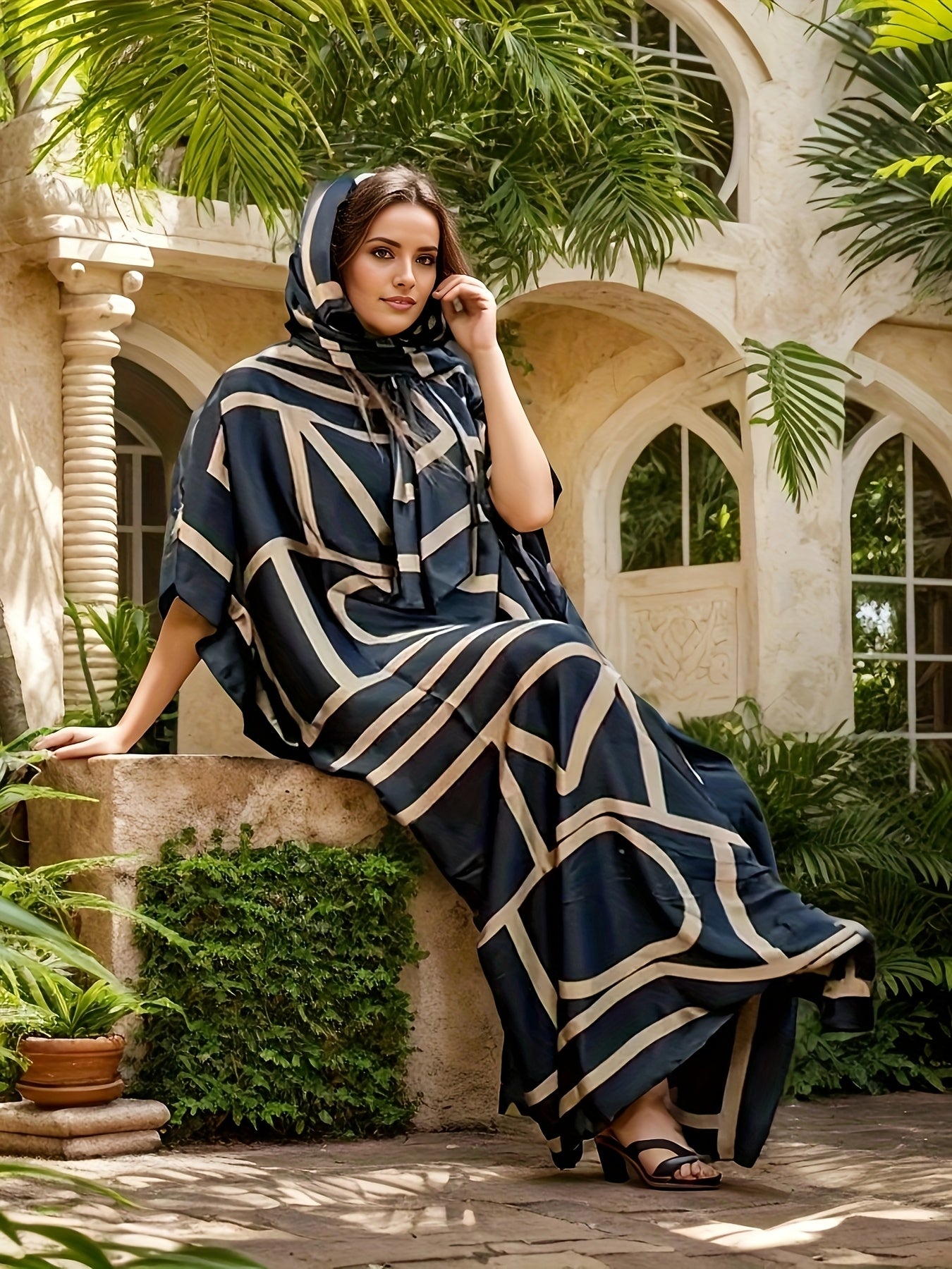 Plus Size Geometric Pattern Robe Dress with Black and Gold Tones for Women