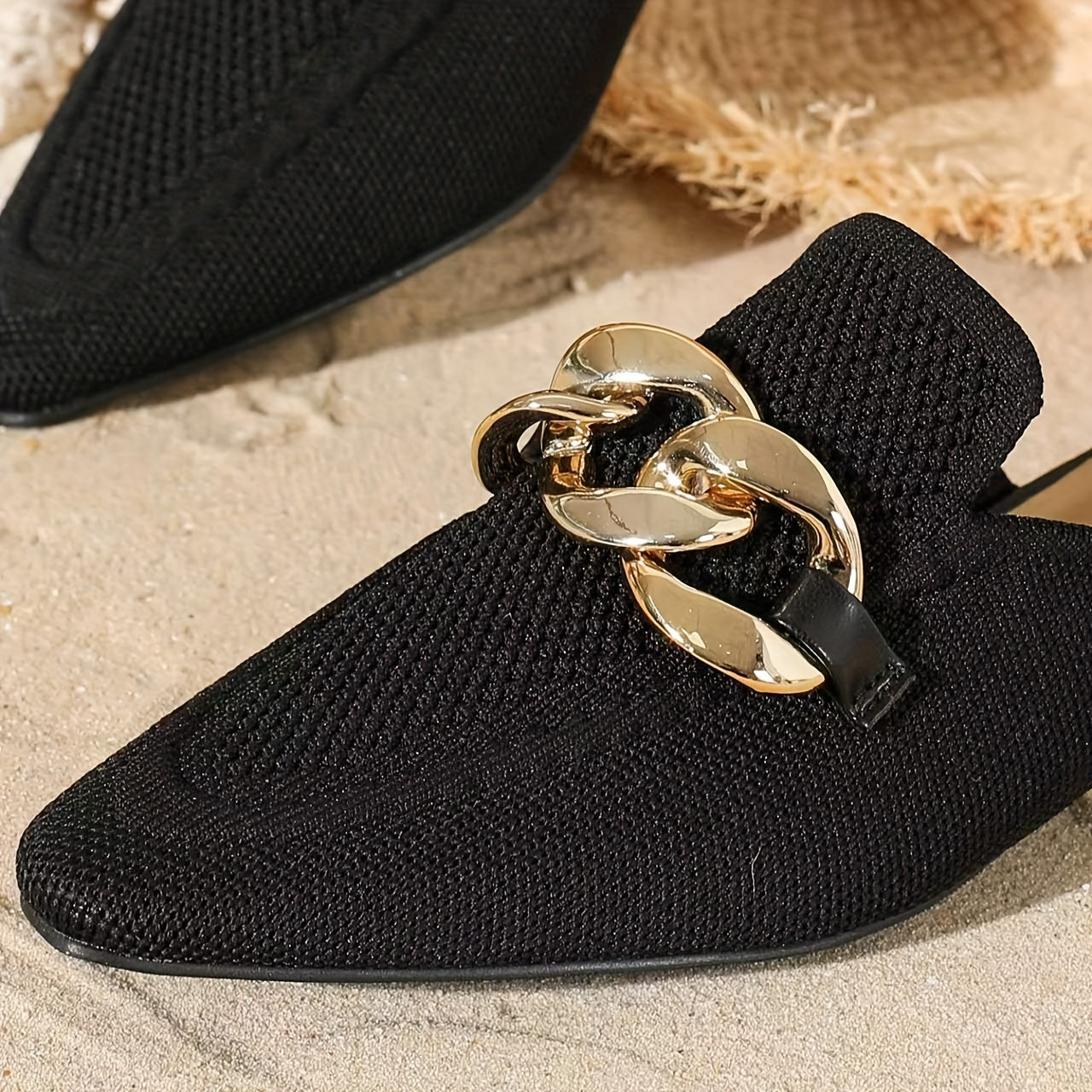 Women's Black Mules with Metallic Chain Pointed Toe Low Heel Flats