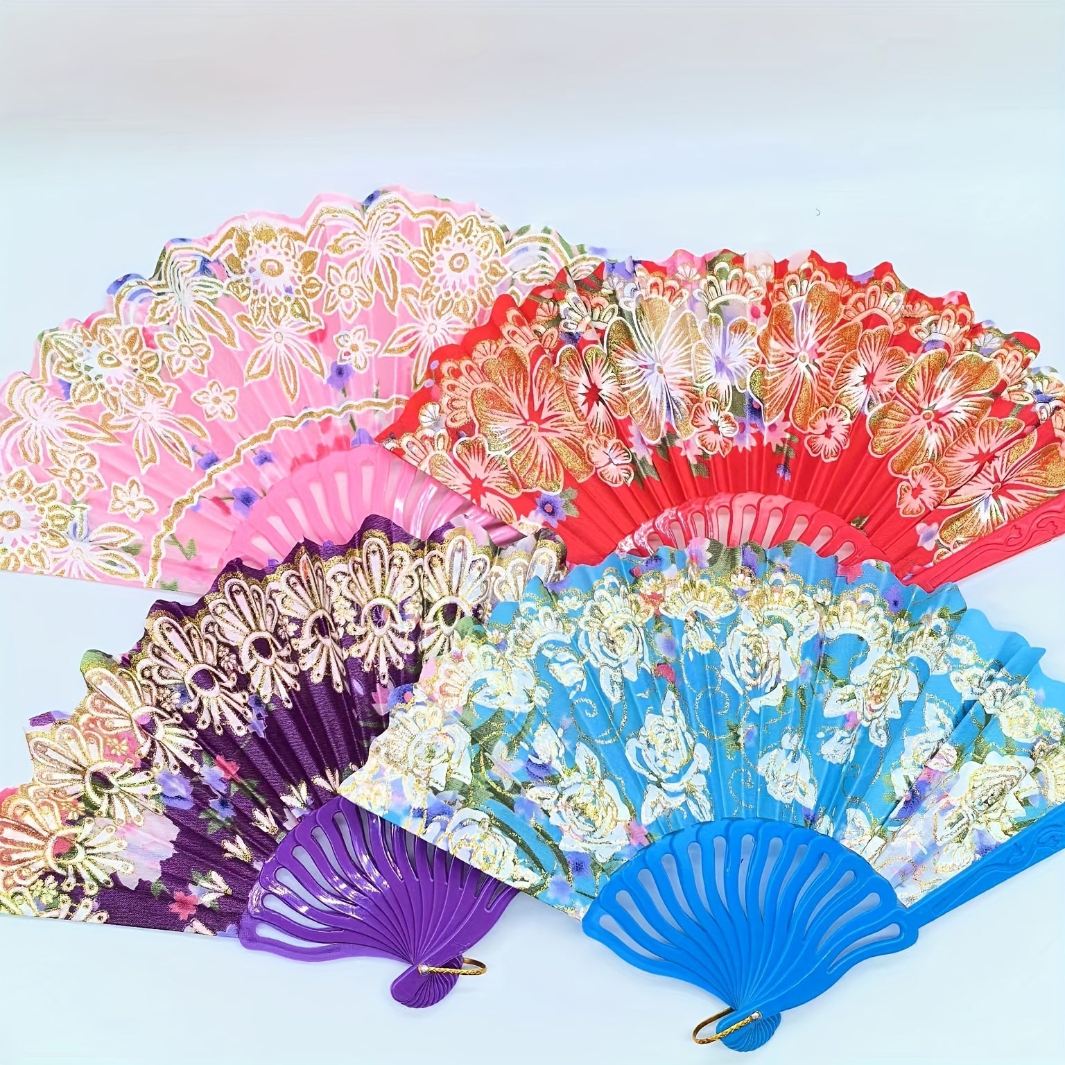 Set of 12 Floral Folding Fans Linen Fabric with Gold Glitter Patterns