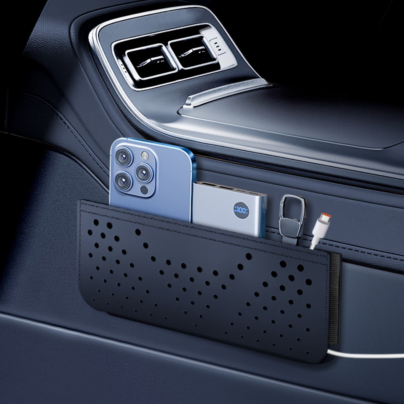 Faux Leather Car Dashboard Organizer with Cup Holder and Storage Compartments