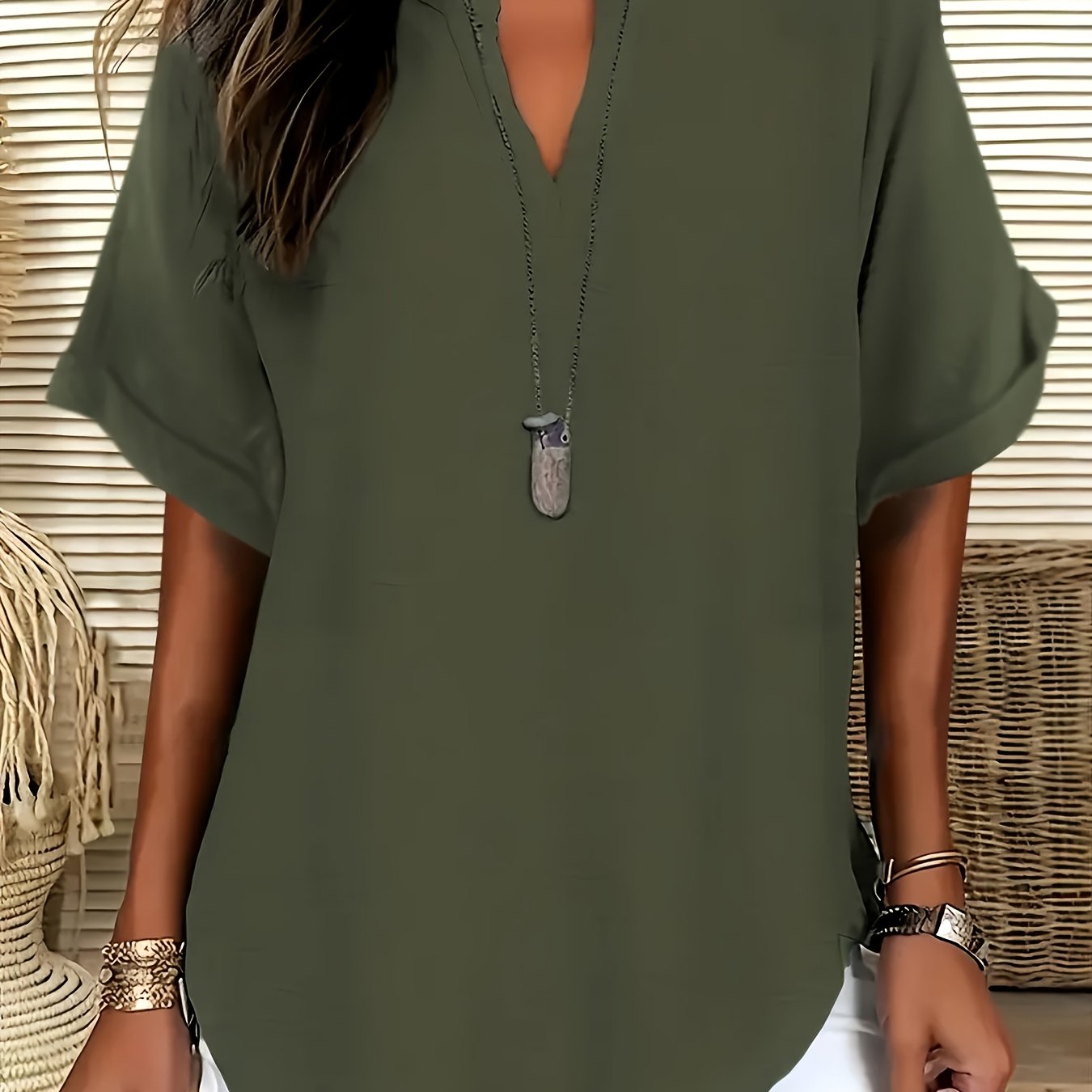 Plus Size Women's V-Neck Short Sleeve Blouse Light Gray Casual Summer Relaxed Fit
