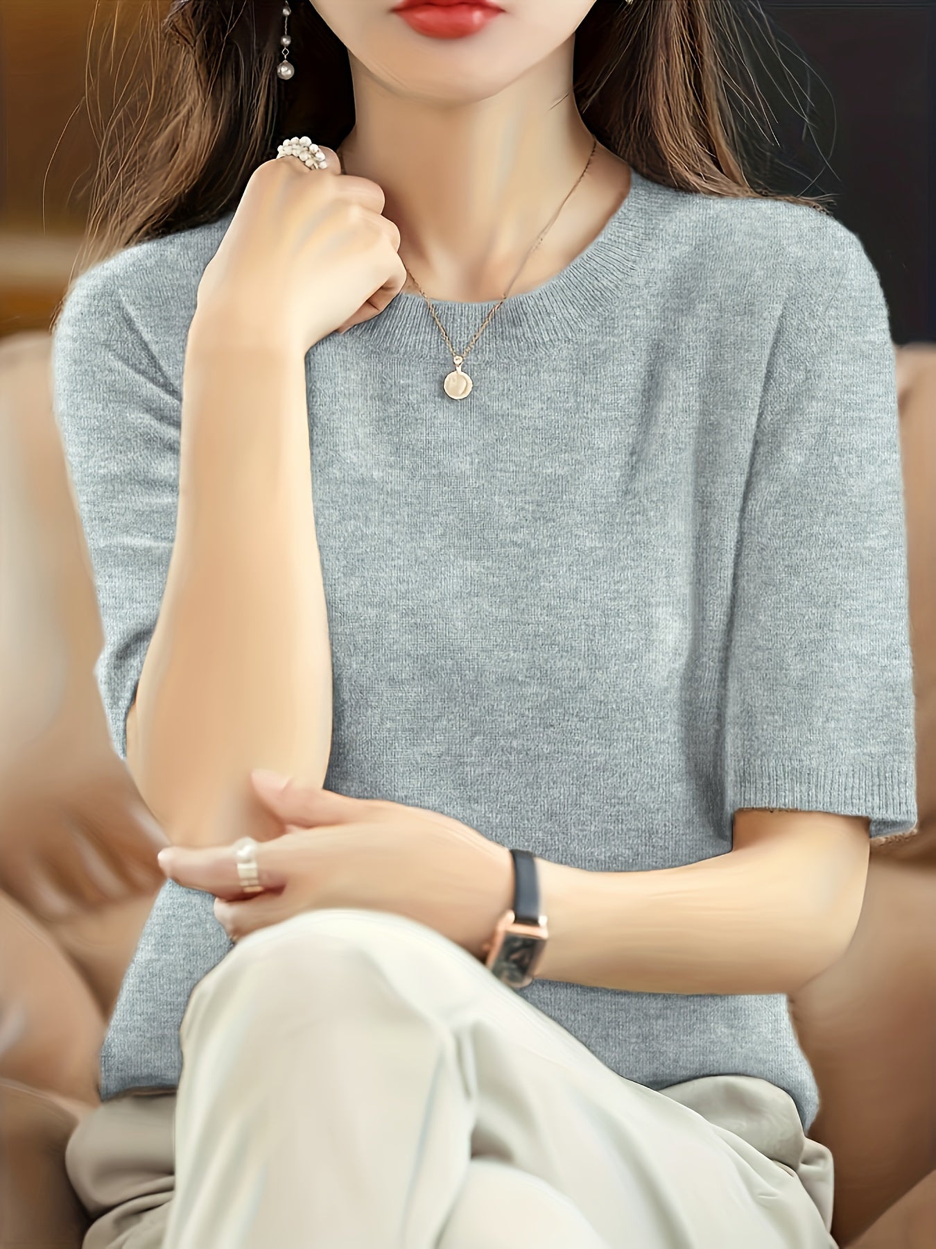 Suéter de manga corta de color sólido para mujer con cuello redondo para primavera y otoño