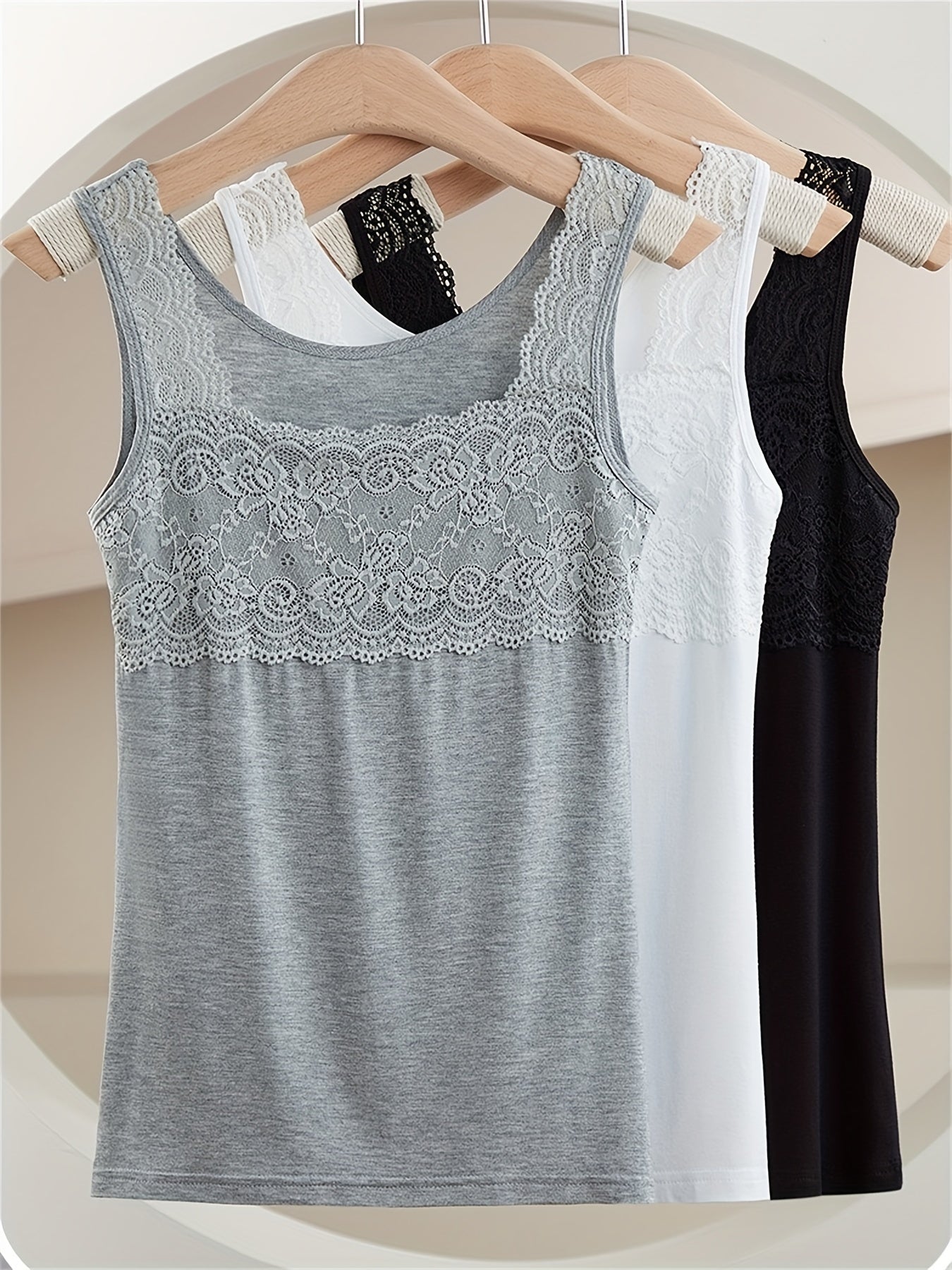 Women's Tank Top Set with Contrast Lace, All-Match Solid Cotton Vest