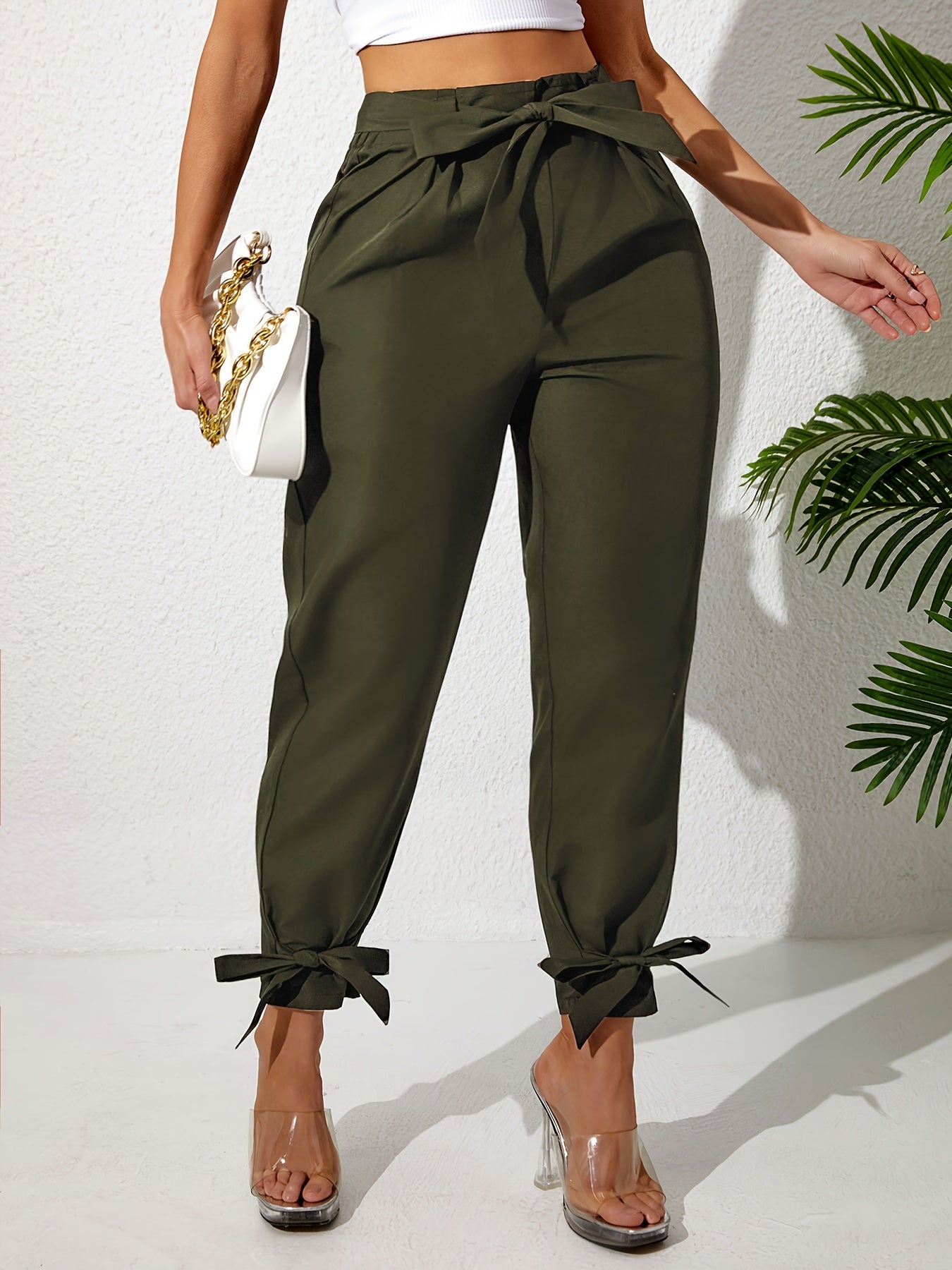 Plus Size Solid Straight Leg Pants with Elastic Drawstring Waist and Bow Detail for Spring and Summer