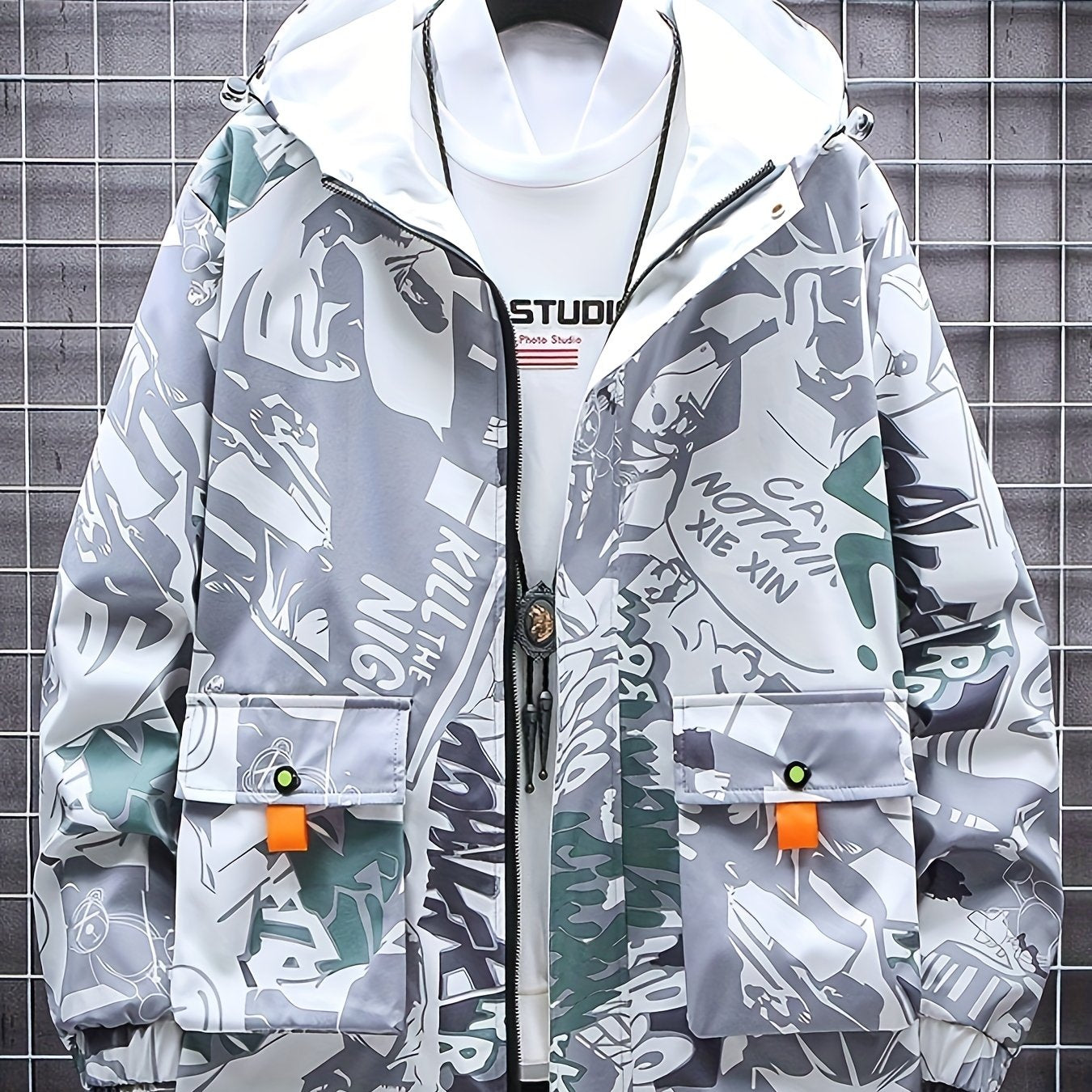 Men's Graffiti Windbreaker Jacket Hooded Spring Autumn All-Over Print Lightweight Outdoor