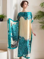 Plus Size Women's Peacock Print Maxi Dress with Scarf, Blue Beige All-Season Casual