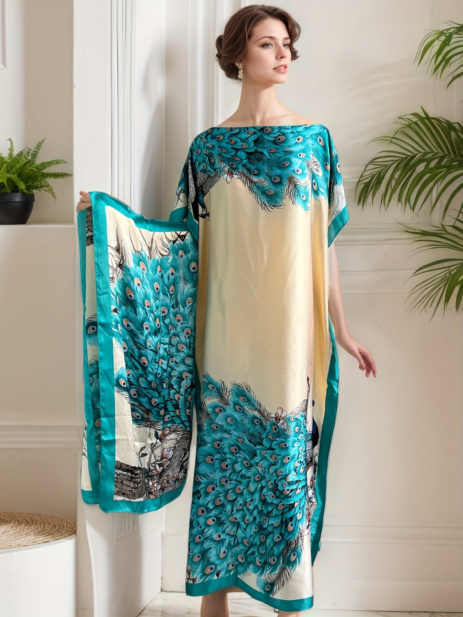 Plus Size Women's Peacock Print Maxi Dress with Scarf, Blue Beige All-Season Casual
