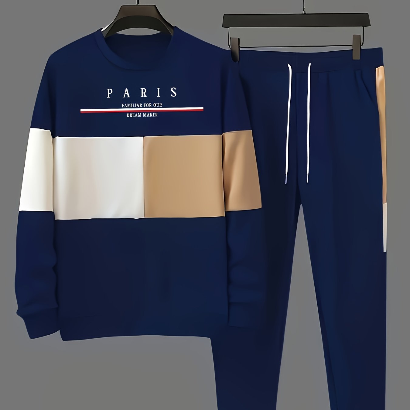 Men's Polyester Casual Clothing Set with Round Neck Top and Drawstring Sweatpants