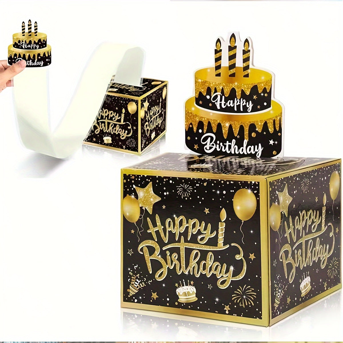 Caja de regalo extraíble para dinero de cumpleaños en negro y dorado con tarjeta de pastel para celebraciones