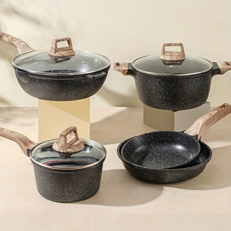 Juego de sartén y wok antiadherentes negro con recubrimiento de piedra Maifan para gas y inducción