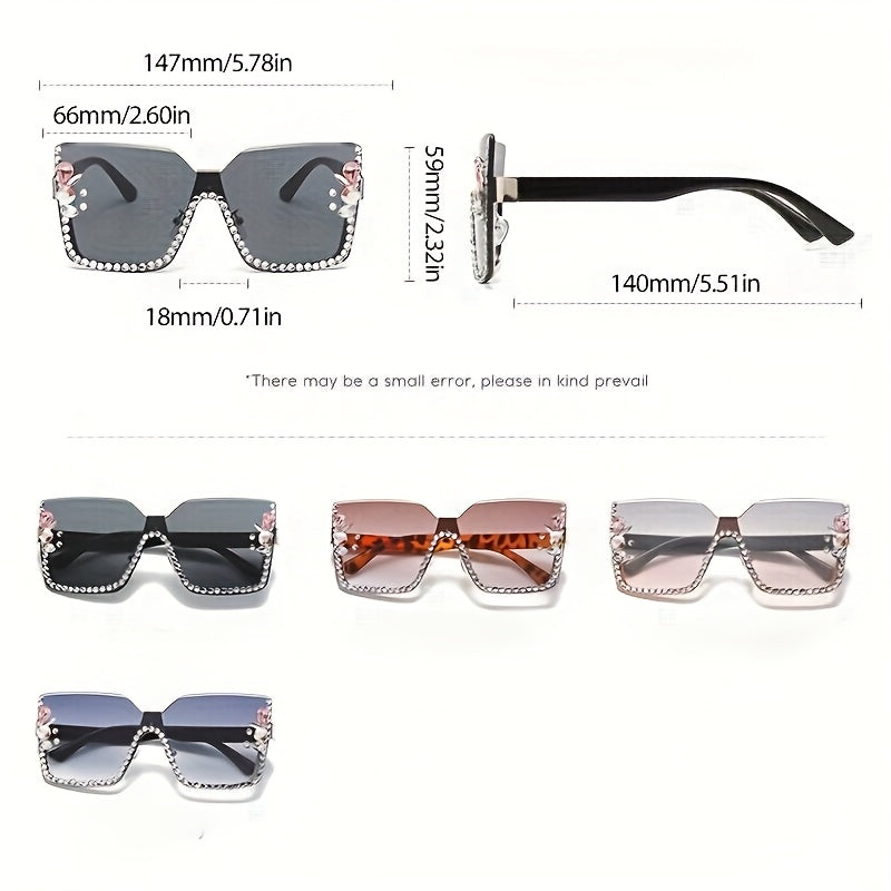 Large Square Rimless Sunglasses with Rhinestones and Gradient Lenses for Women