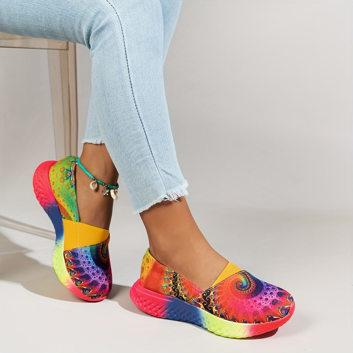 Women's Rainbow Tie-Dye Slip-On Sneakers Lightweight Casual Fabric Low Top