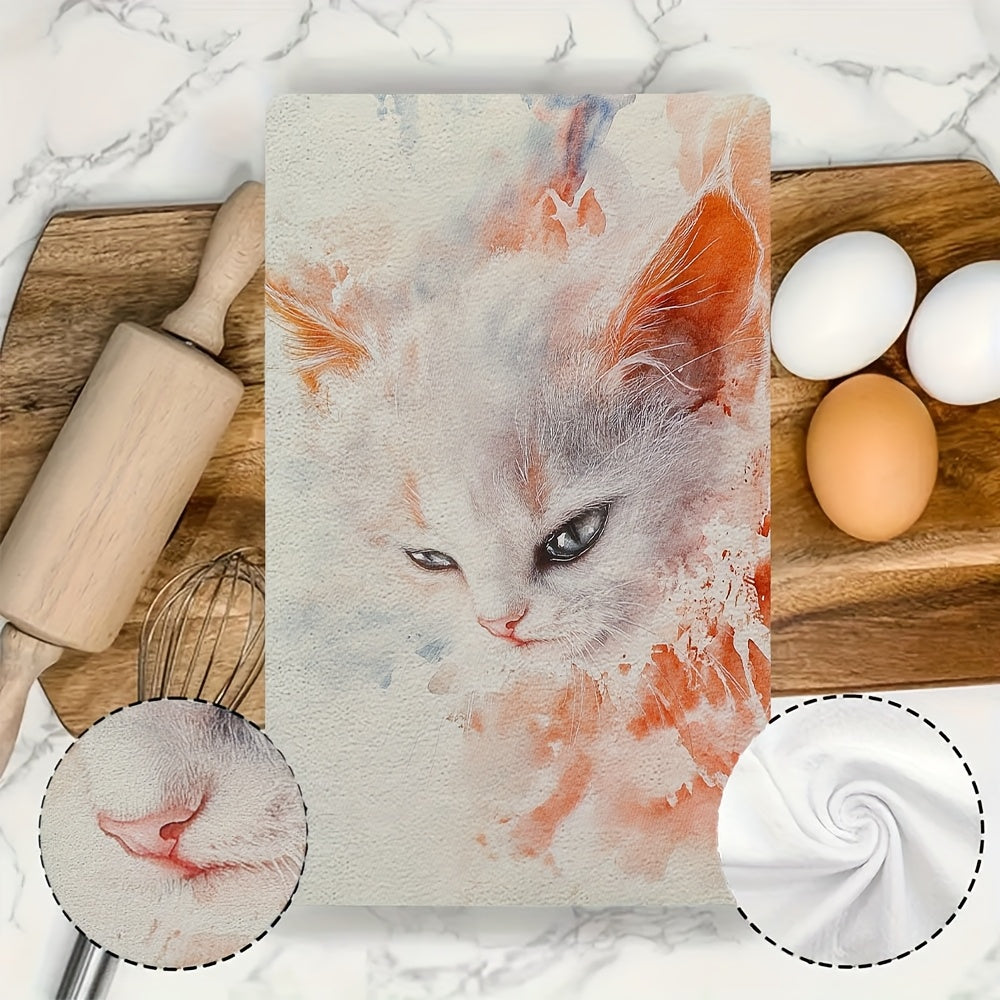 Set of 2 Soft Kitchen Towels with Kitten Design, Absorbent, Colorful Watercolor, 16x24 Inches