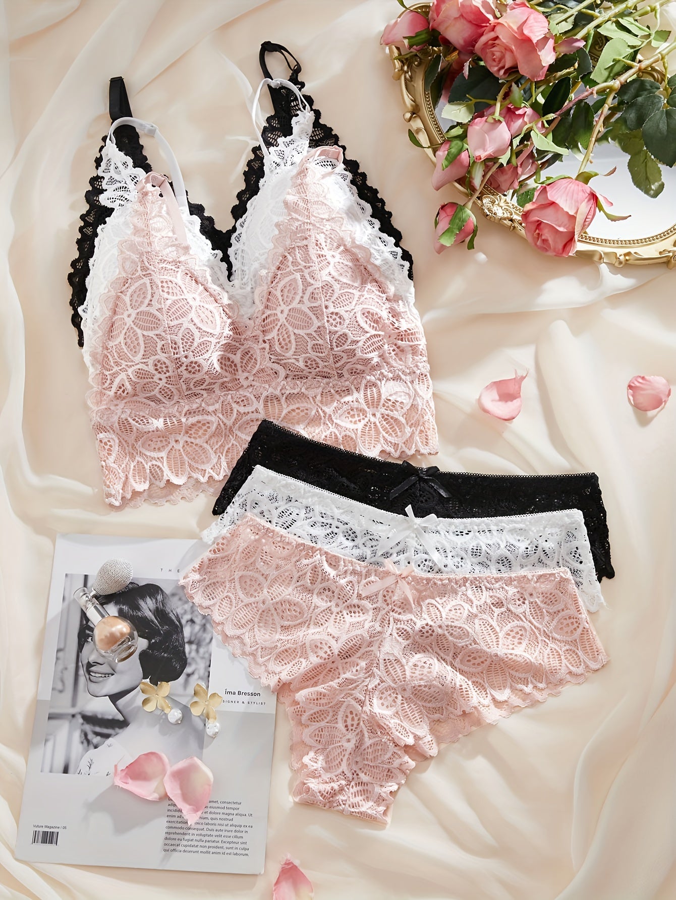 Women's Lace Lingerie Set with Bra and Panties Solid Color Non-Transparent 6-Piece