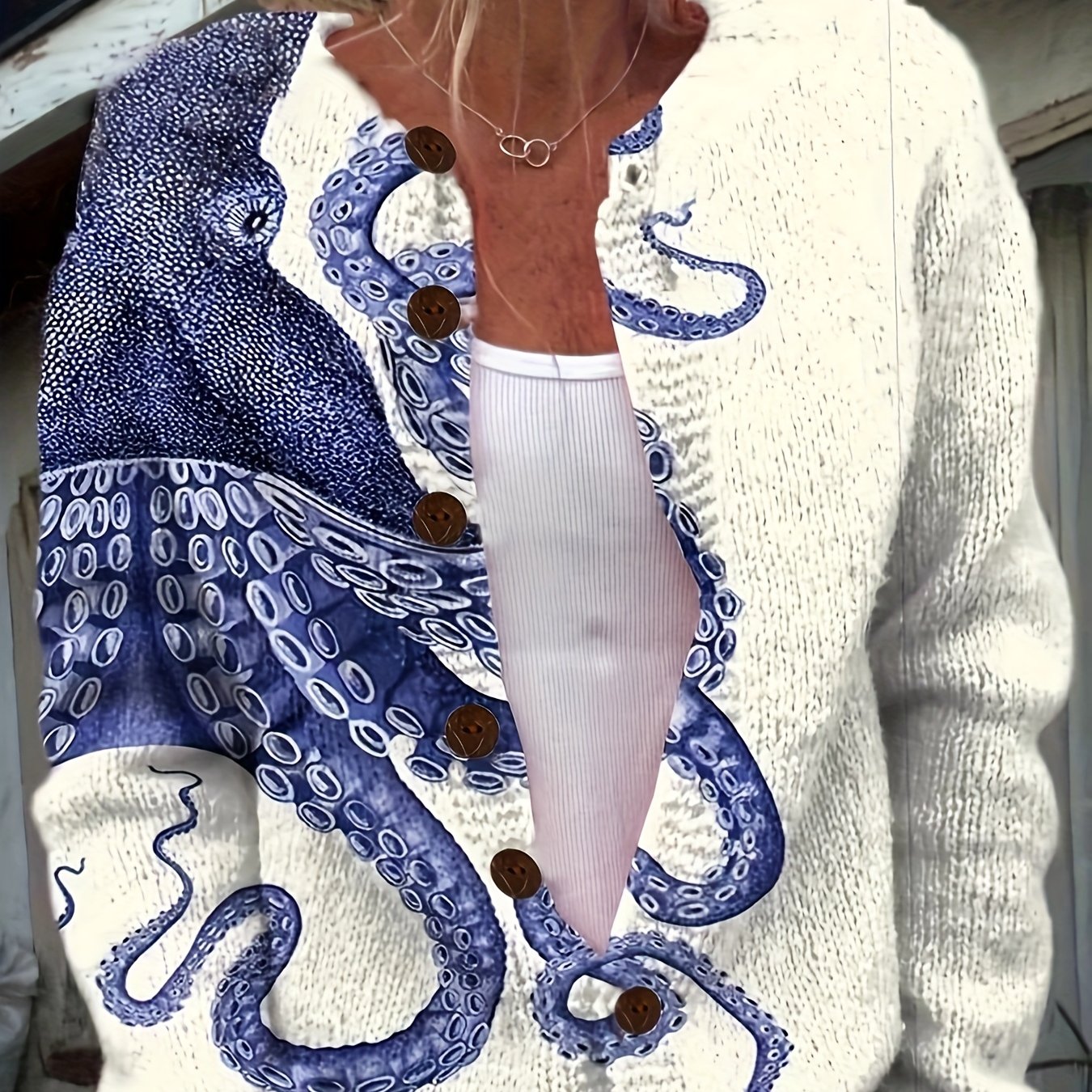Women's 3D Printed Octopus Cardigan Blue Color Block Casual Sweater