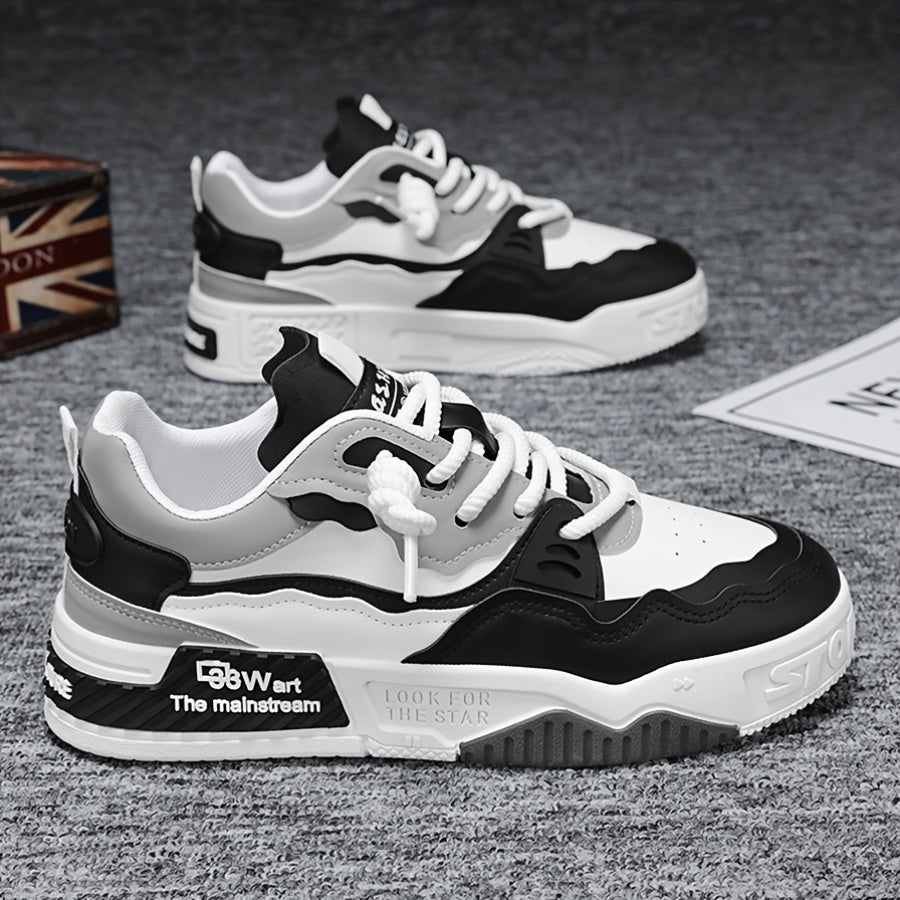 Erkaklar uchun vintage uslubidagi tasodifiy sport krossovkalari, dumaloq barmoq, bog'ichli dizayn, mato astar va barcha mavsumlarda skeytbord uchun PVC taglik.