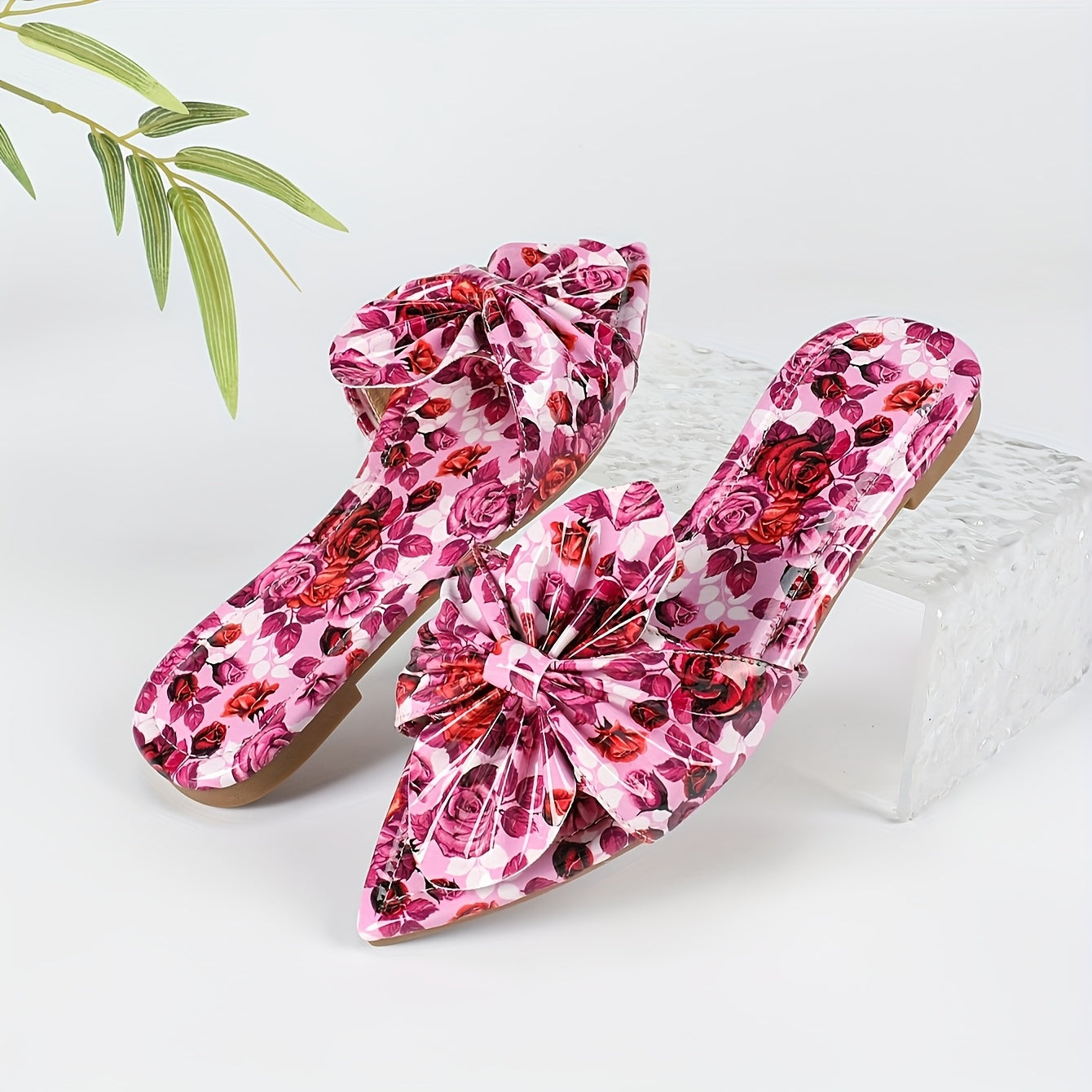 Women Metallic Slip-On Mules with Floral Bow Pointed Toe Flats