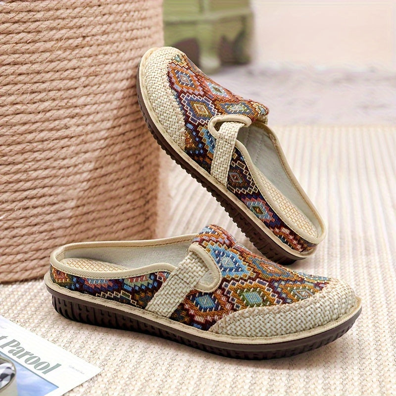 Women's Linen Slip-On Flats with Round Toe and Diamond Pattern for Summer