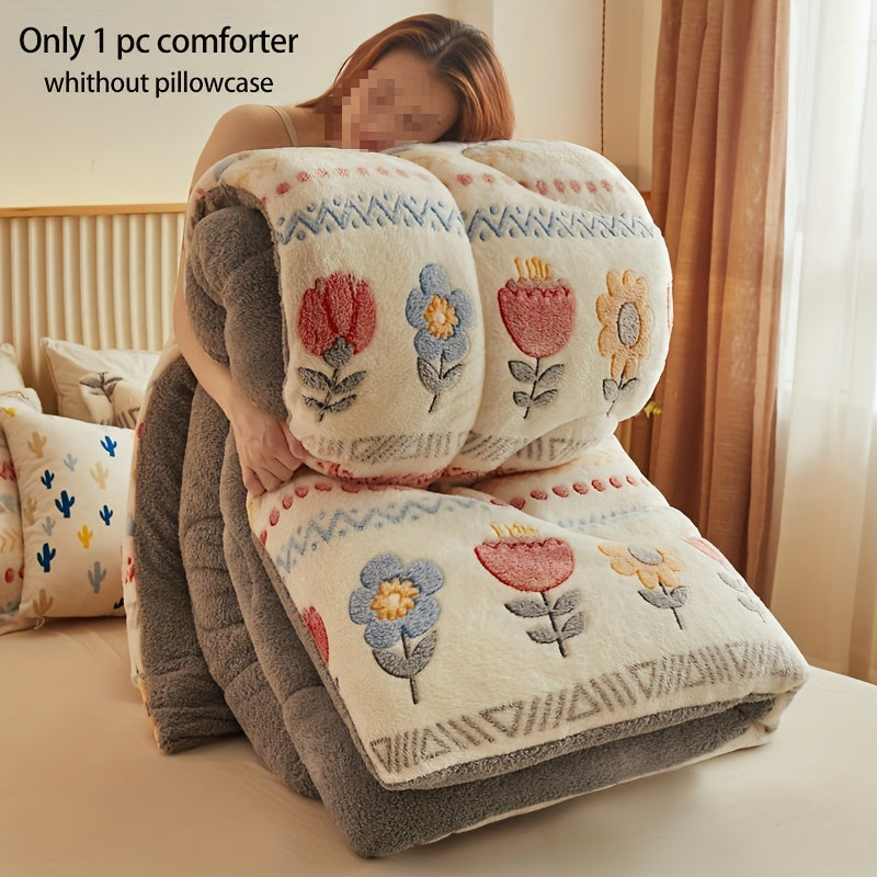 Bohemian Floral Velvet Comforter Plush Quilted All-Season Bedding