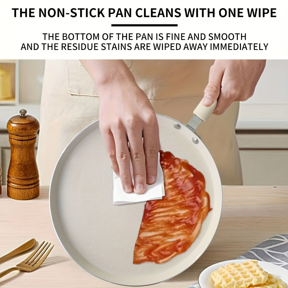 Gaz, elektr va induksiya uchun bej Maifan toshi va yog'och tutqichli yopishmaydigan krepe panlar to'plami